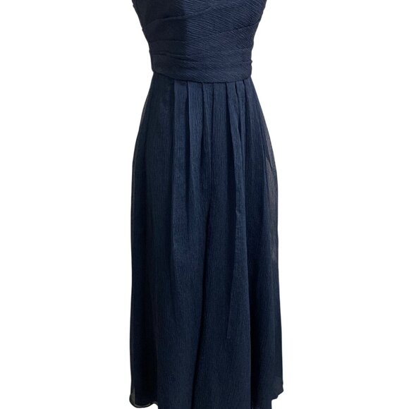 Vera Wang White Navy Strapless Pleated Chiffon Dress Sz 6 Elegant Design - Picture 2 of 11